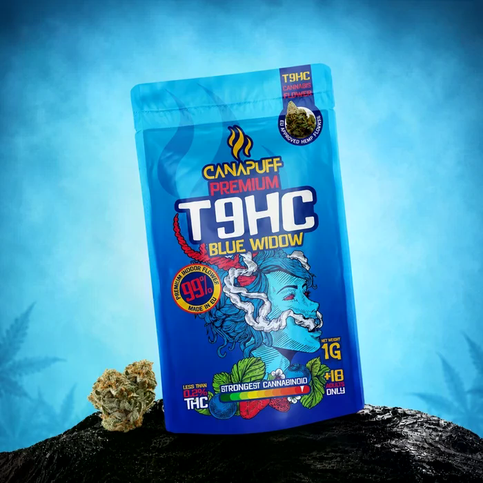 Canapuff T9HC Blue Widow 99 Prozent Premium Cannabis Blüten in blauer Originalverpackung